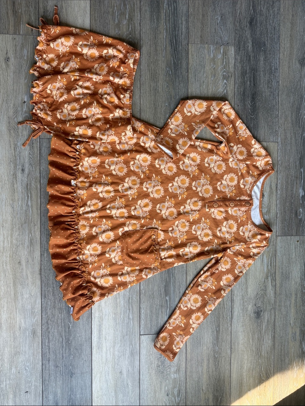 SweetHoney Rust Floral Long Sleeve Ruffle Hem Dress